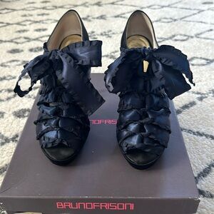 Bruno Frisoni Blue and Black Satin Lace Up Heels